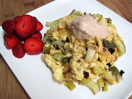Scrambled Eggs with Leeks and Jalapeno with Chipotle Sour Cream